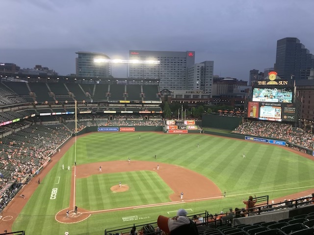 A baseball Game played at Oriole Park at Camden yards in Baltimore, Maryland