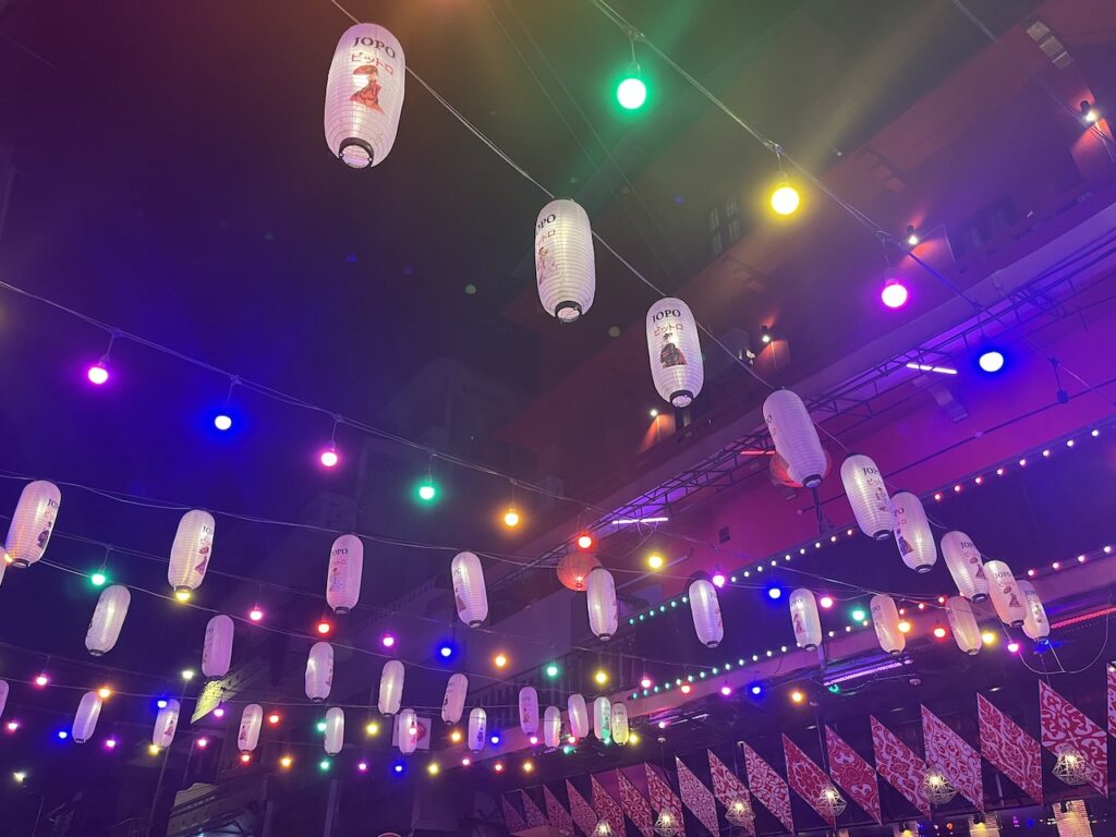 Lanterns hang in the red light district in Phnom Penh, Cambodia