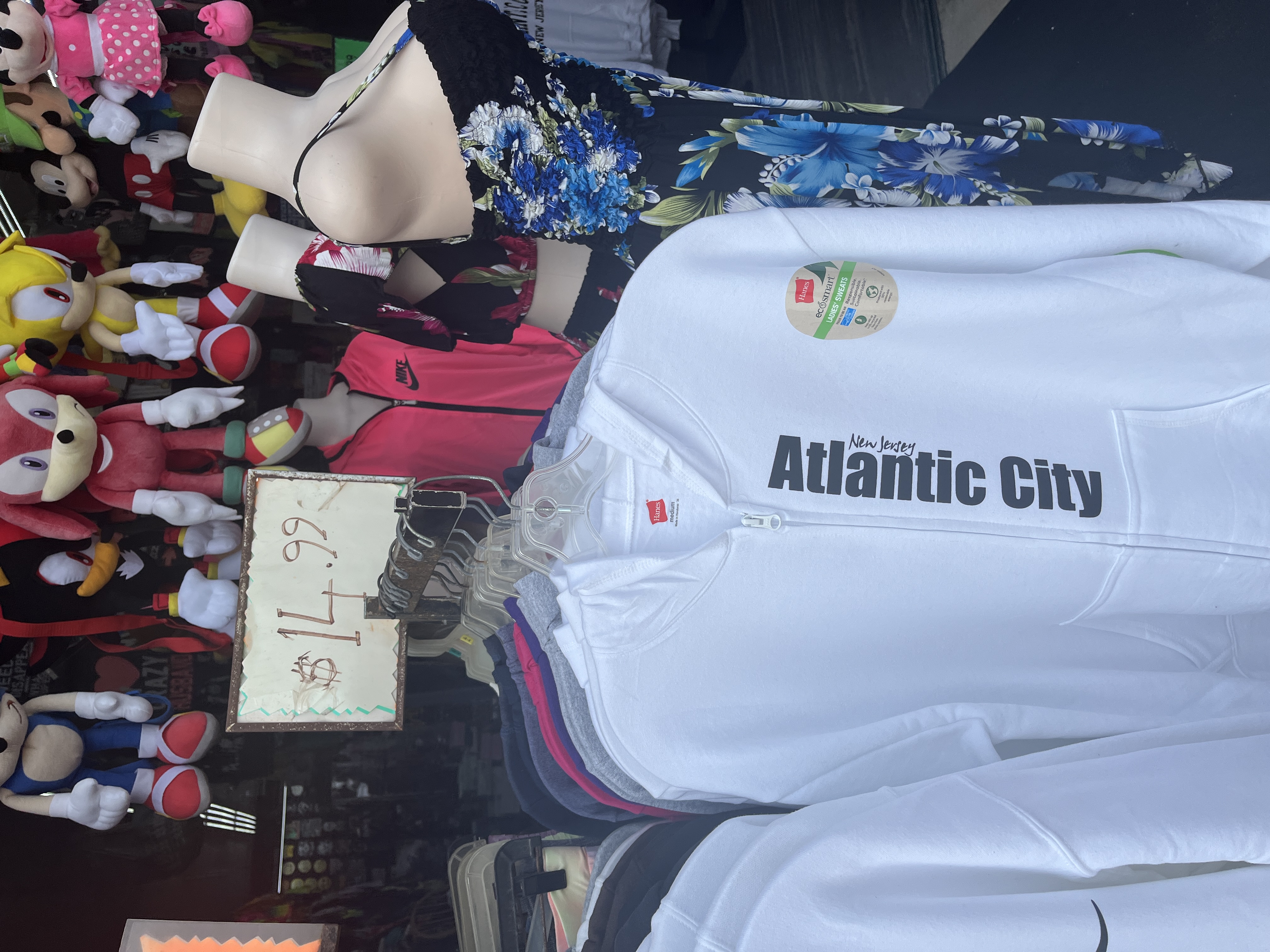 Clothing hangs on racks on the boardwalk in Atlantic City, New Jersey