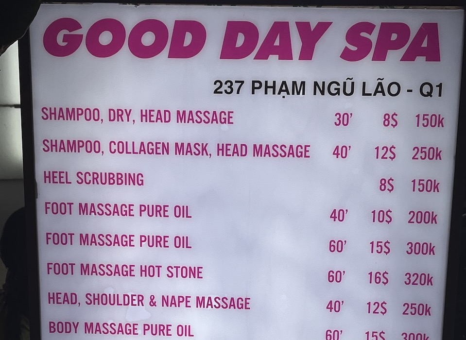 massage menu in ho chi minh city